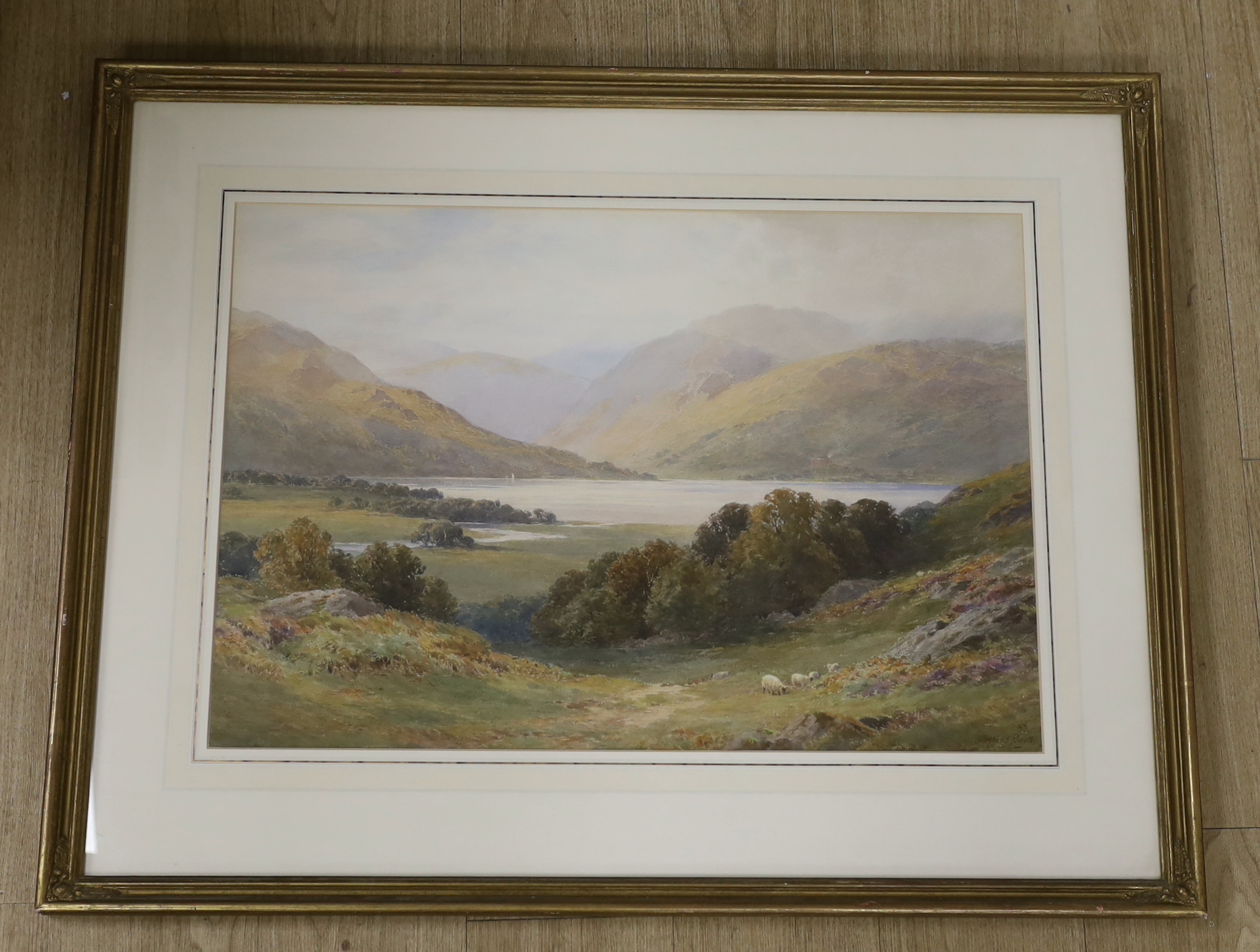 Alfred Powell (fl.1870-1901) watercolour, mountainous landscape with sheep grazing, signed, 73cm x 50cm